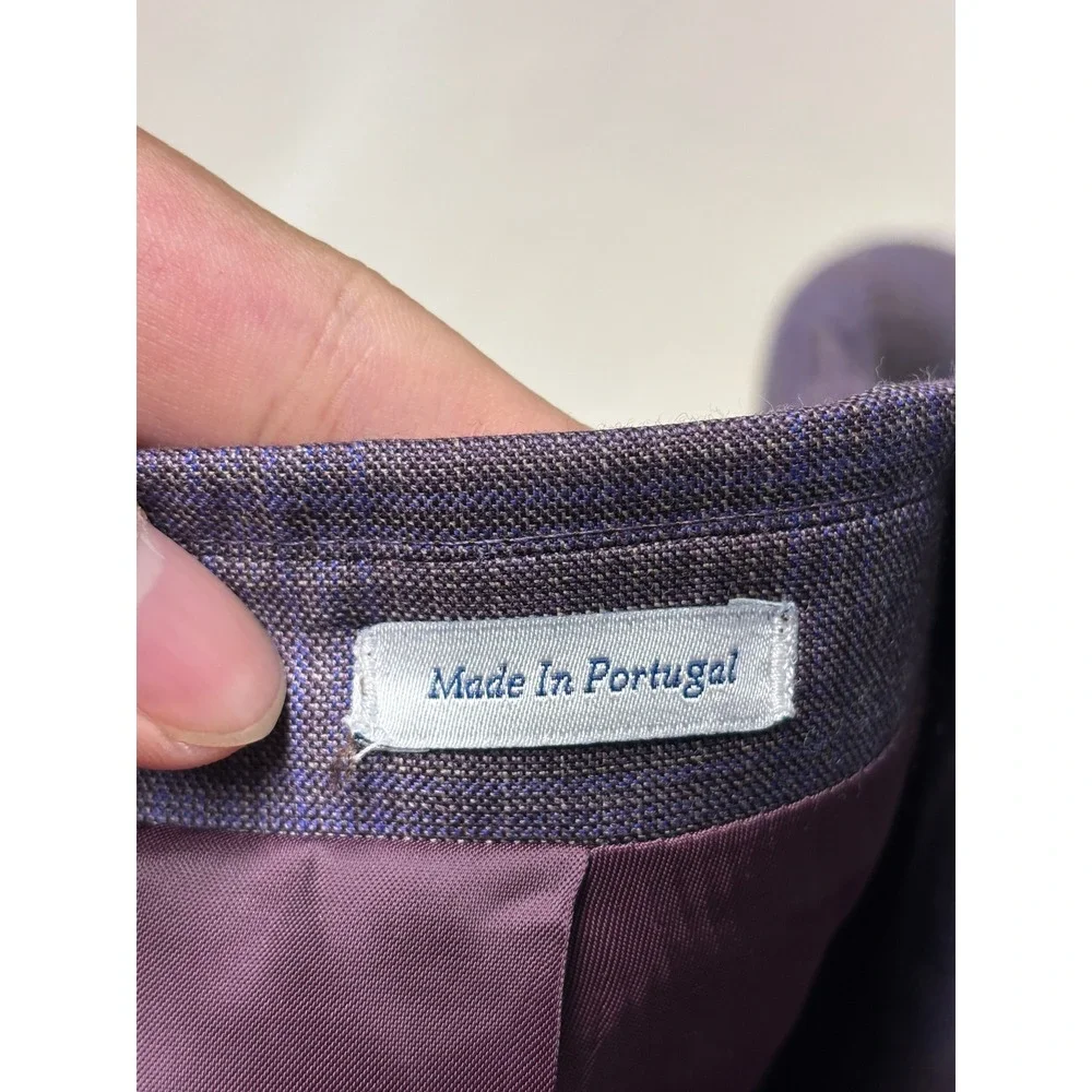 Peter Millar 44R Mens Coat Purple Blue Plaid 100% Virgin Wool Blazer Portugal